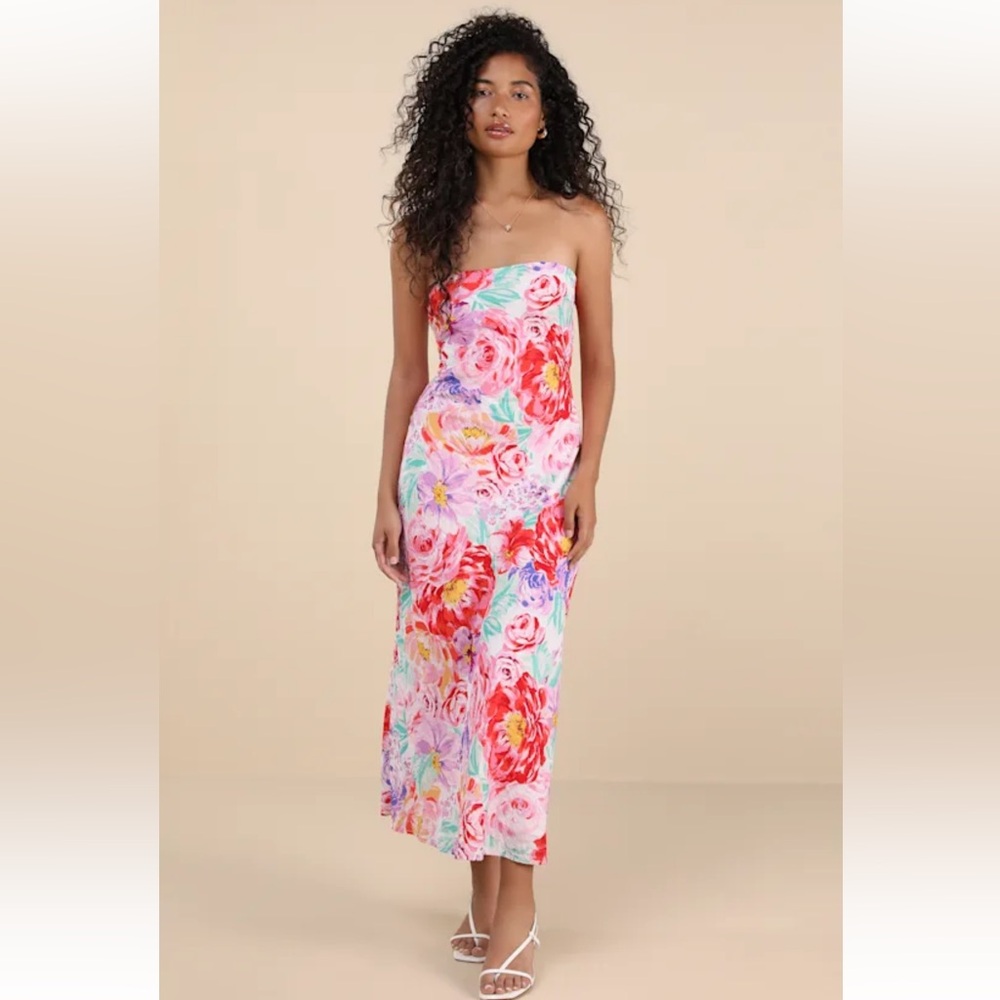 NWT Jianna Ivory Multi Floral Satin Strapless Cowl Back Maxi Dress